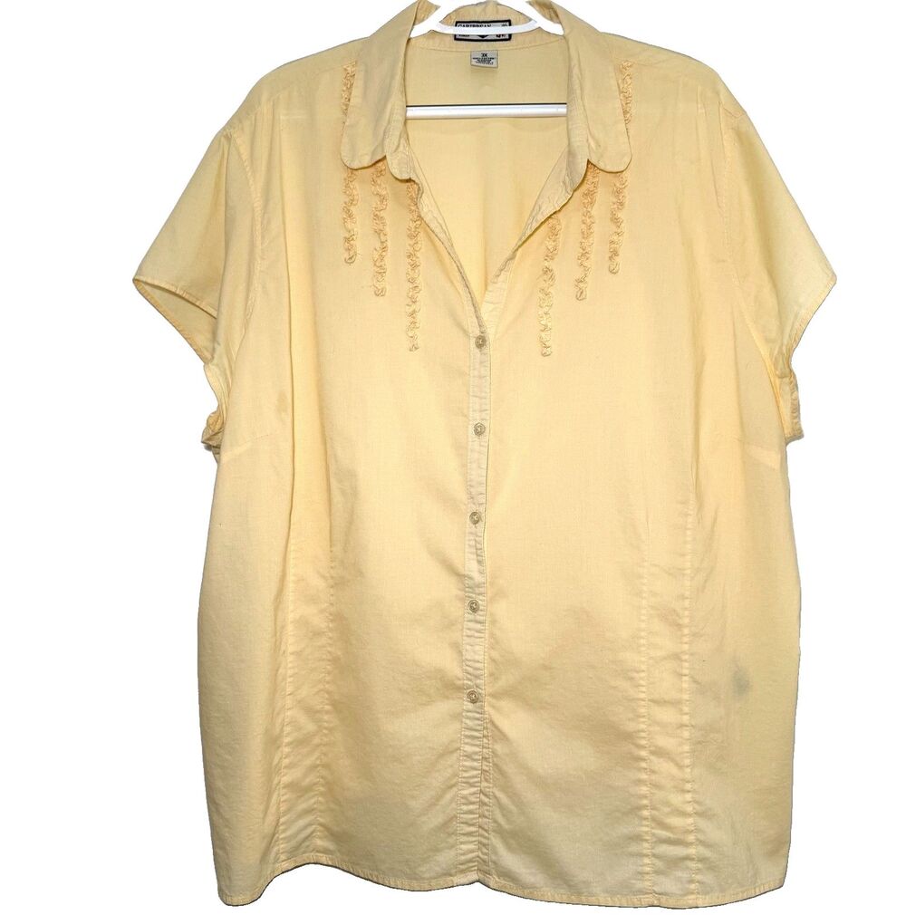Woman 3X Yellow Cotton Button Front Camp Shirt Ruffle Trim Blouse